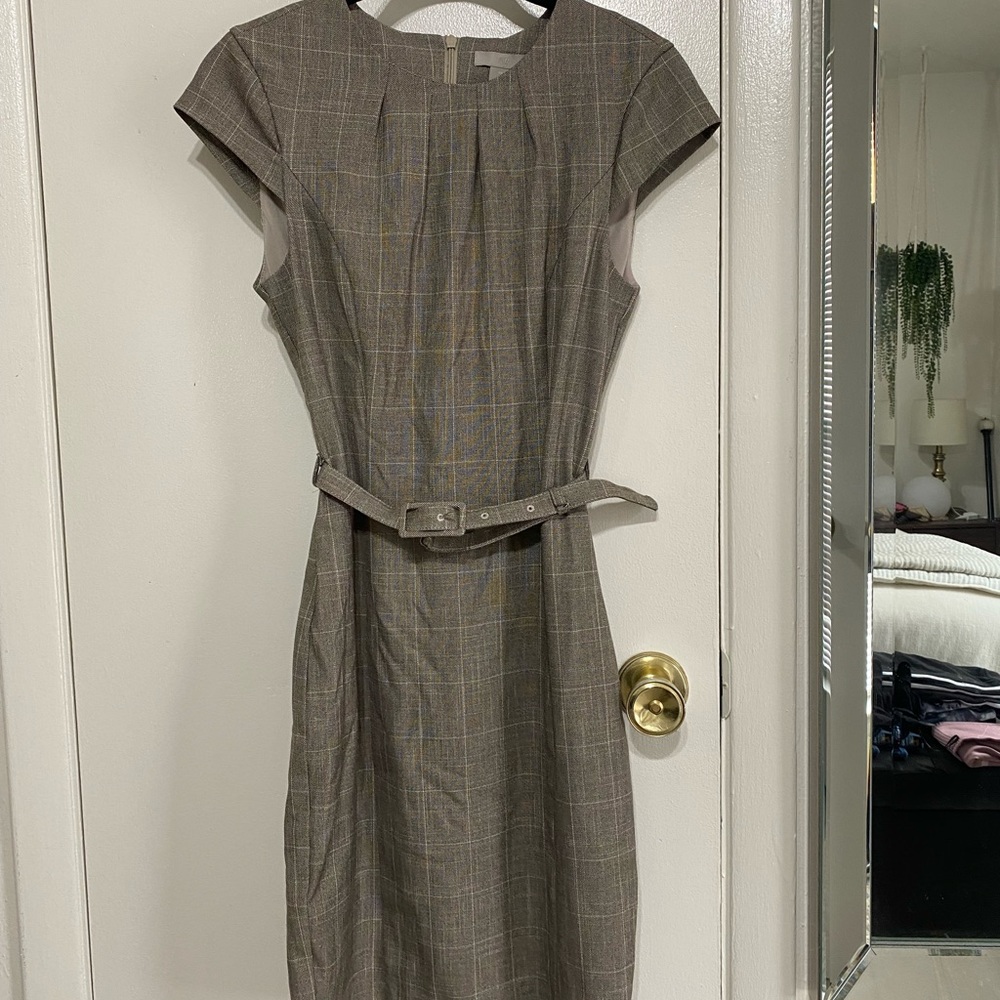 H&M Brown/Grey Plaid Belted Work Dress